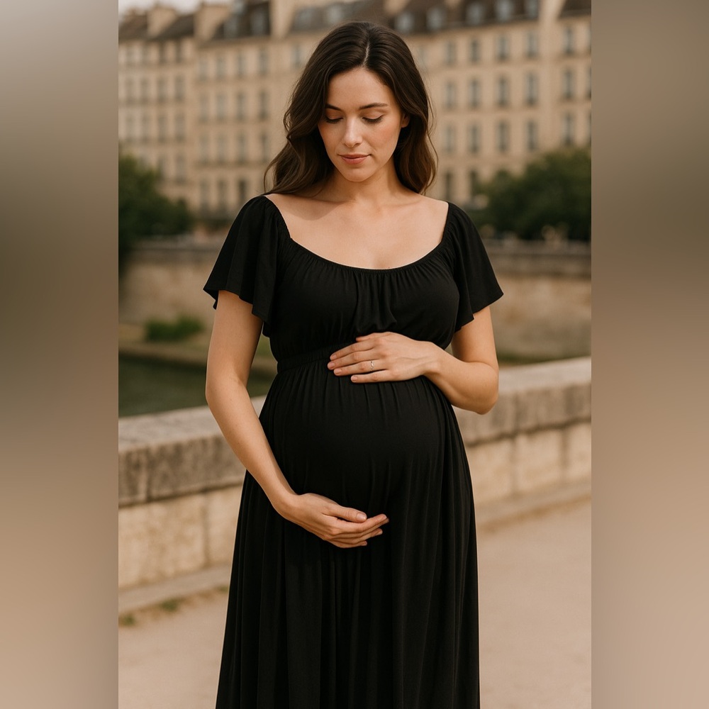 Motherhood Black Ribbed Pleated Maxi Gown